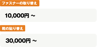 ファスナーの取り替え 10,000円〜 靴の貼り替え 30,000円〜